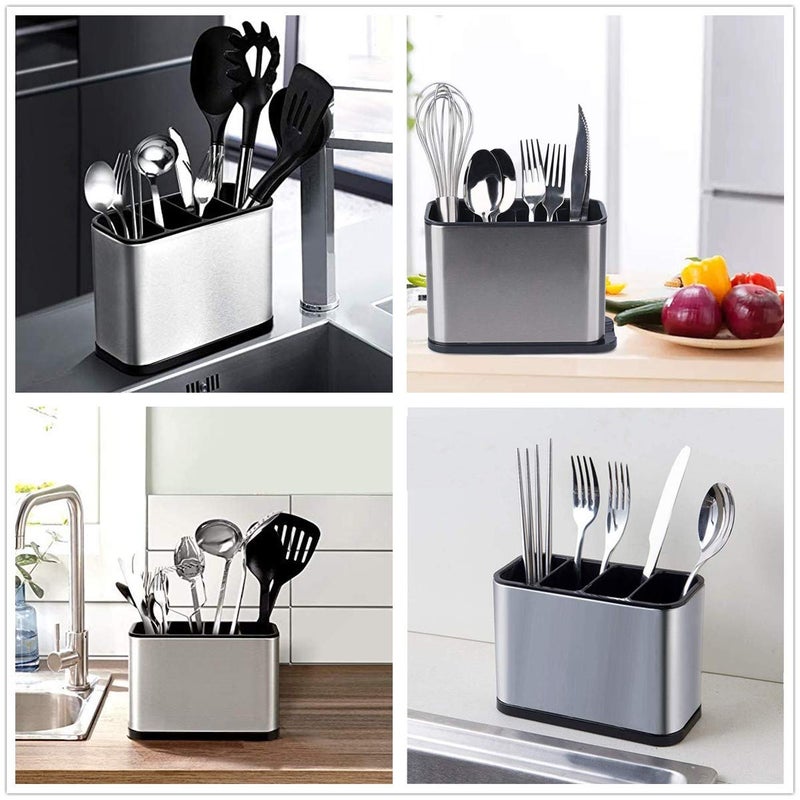 KESOL Kitchen Utensil Holder, Stainless Steel Utensil Drying Rack Flatware Holder Sinkware Caddy Countertop Organizer with 4 Divided Compartments, Rust Proof - Image 2
